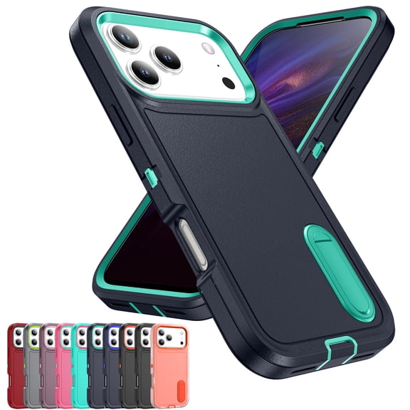 Decase 3-in-1 Shockproof Case for iPhone 17 Pro Max,3-Layer Heavy Duty Anti-Scratch Hard Case,Rugged Kickstand Cover,Darkblue+Mint