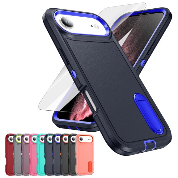 Decase 3-in-1 Shockproof Case for iPhone Air,3-Layer Heavy Duty Anti-Scratch Hard Case,Rugged Kickstand Cover with Tempered Screen Protector,Darkblue+Royalblue