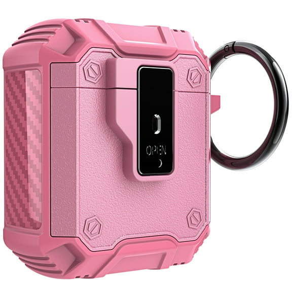 Decase AirPods Case Cover Built-in Keychain,Military Hard Shell Protective Armor with Lock [Support Wireless Charging] for Apple AirPods 1st 2nd Generation Charging Case,Pink