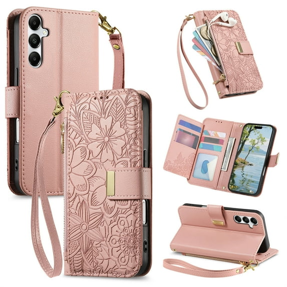 Decase Anti-Scratch PU Leather Wallet Case Compatible with Samsung Galaxy A26 5G,Shockproof Magnetic Buckle Hybrid Case Cover with Zipper Pocket Credit Card Slot Cash Slot Wrist Strap Lanyard,Rosegold