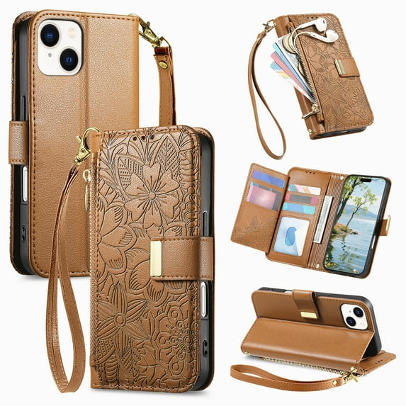 Decase Anti-Scratch PU Leather Wallet Case Compatible with iPhone 14 Pro Max,Shockproof Magnetic Buckle Hybrid Case Cover with Zipper Pocket Credit Card Slot Cash Slot Wrist Strap Lanyard,Brown