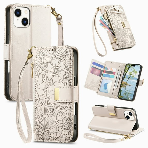 Decase Anti-Scratch PU Leather Wallet Case Compatible with iPhone 14 Pro Max,Shockproof Magnetic Buckle Hybrid Case Cover with Zipper Pocket Credit Card Slot Cash Slot Wrist Strap Lanyard,Beige