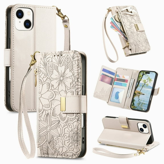 Decase Anti-Scratch PU Leather Wallet Case Compatible with iPhone 15,Shockproof Magnetic Buckle Hybrid Case Cover with Zipper Pocket Credit Card Slot Cash Slot Wrist Strap Lanyard,Beige