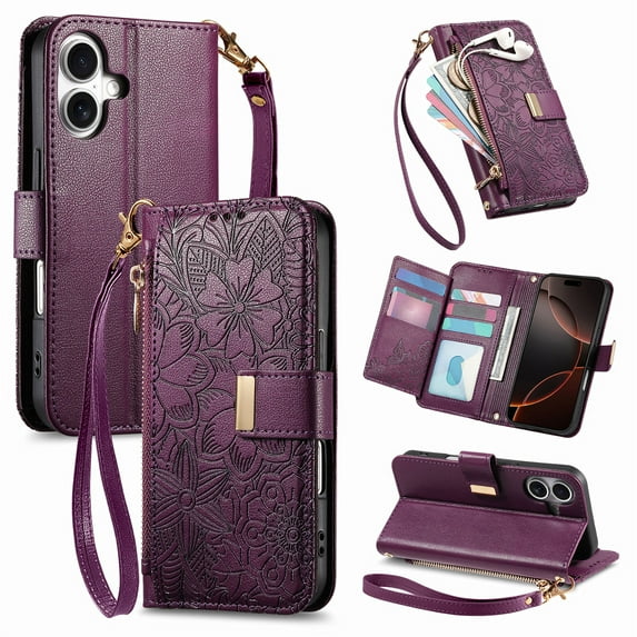 Decase Anti-Scratch PU Leather Wallet Case Compatible with iPhone 16 Pro Max,Shockproof Magnetic Buckle Hybrid Case Cover with Zipper Pocket Credit Card Slot Cash Slot Wrist Strap Lanyard,Purple