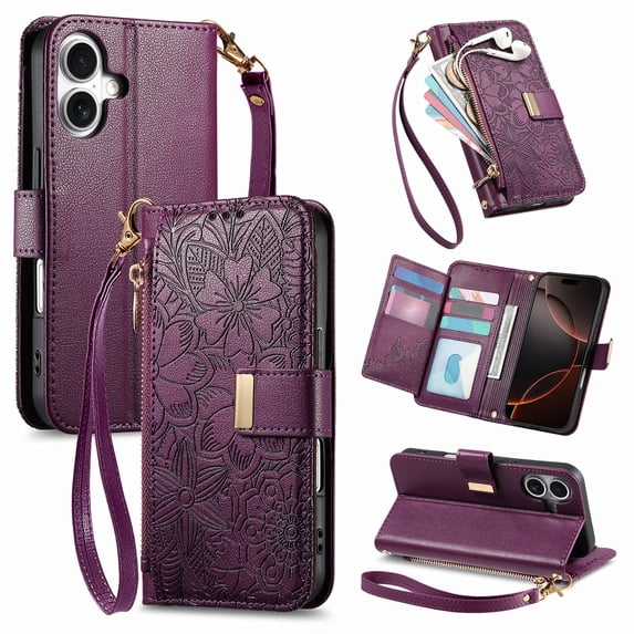 Decase Anti-Scratch PU Leather Wallet Case Compatible with iPhone 16 Pro,Shockproof Magnetic Buckle Hybrid Case Cover with Zipper Pocket Credit Card Slot Cash Slot Wrist Strap Lanyard,Purple