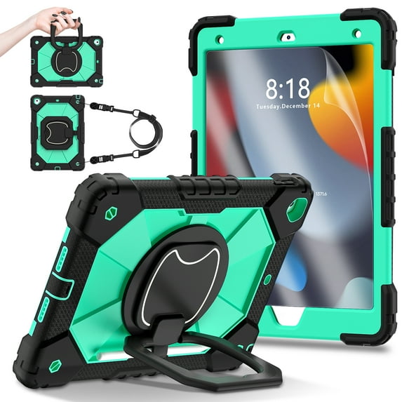 Decase for Apple iPad 10.2" 9th 8th 7th Generation Heavy Duty 3-Layer Protection Case,with Screen Protector,Rotating Hanging Stand,Crossbody Shoulder Strap Shockproof Cover Case, Black + Mint