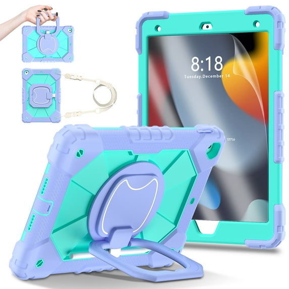 Decase for Apple iPad 10.2" 9th 8th 7th Generation Heavy Duty 3-Layer Protection Case,with Screen Protector,Rotating Hanging Stand,Crossbody Shoulder Strap Shockproof Cover Case, Purple + Mint
