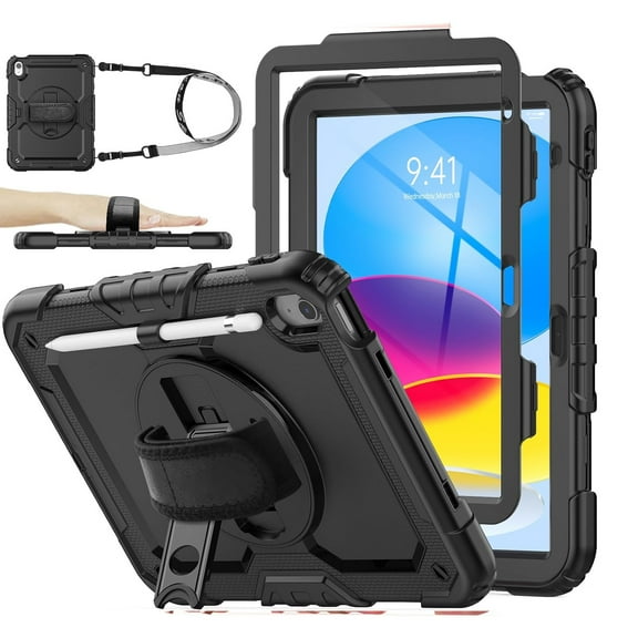Decase for Apple iPad (A16) 11th/10th Generation 11"/10.9" 2025/2022,Shockproof Full-Body Case with Screen Protector,Heavy Duty Cover with Pen Holder Hand Strap Stand,Black