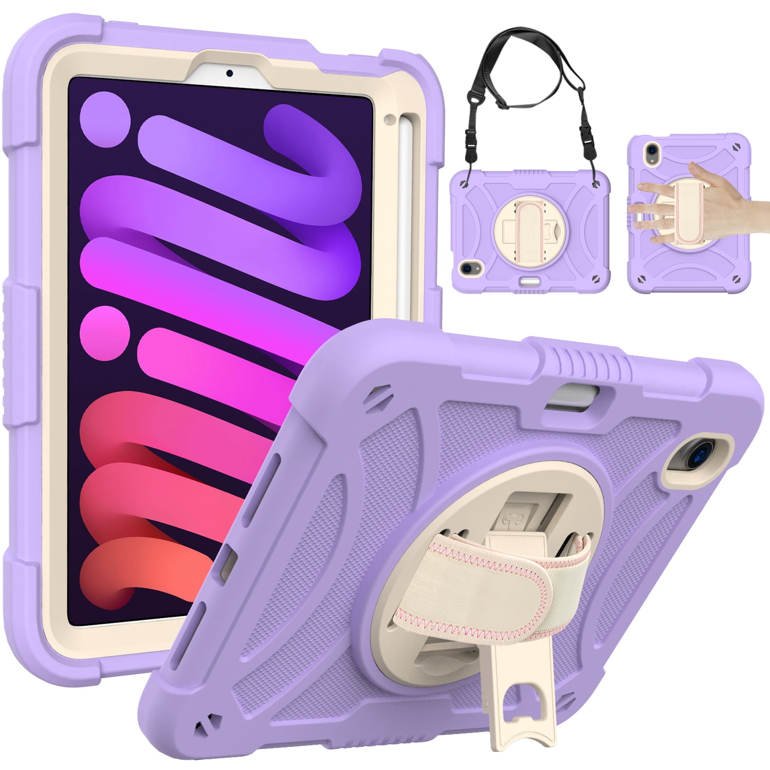 Decase for Apple iPad Mini Case 8.3” 2021 with Pencil Holder,360 Rotating Hand Strap,& Stand, Drop-Proof Kids Case for iPad Mini 7 A17 Pro 2024/iPad Mini 6 2021 8.3 Inch,Purple