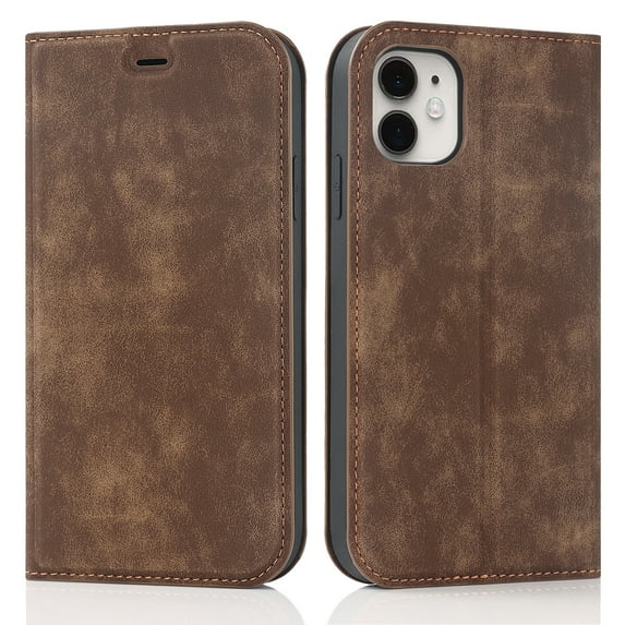 Decase for Apple iPhone 11 Wallet Phone Case,Shockproof Plain Leather Magnetic Closure Flip Holder Protective Cover with RFID Blocking Card Slots,Brown