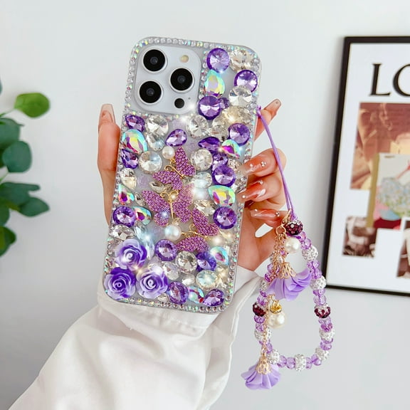 Decase Apple iPhone 13 Case for Girls Women 3D Luxury Bling Glitter Diamond Crystal Rhinestone Butterfly Case Cover with Charm Pendant Wristband Fashionable Laser Phone Shell,Purple