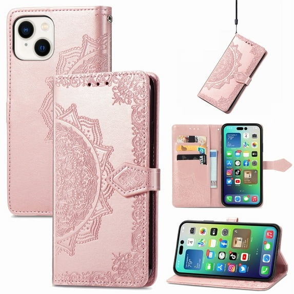 Decase for Apple iPhone 13 Mini Wallet Case, Shockproof PU Leather Emboss Floral Flower Wrist Strap Folio Magnetic Kickstand Card Slots Protective Cover, rosegold