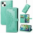 thumbnail image 1 of Decase for Apple iPhone 13 Wallet Case, Shockproof PU Leather Emboss Floral Flower Wrist Strap Folio Magnetic Kickstand Card Slots Protective Cover, green, 1 of 1
