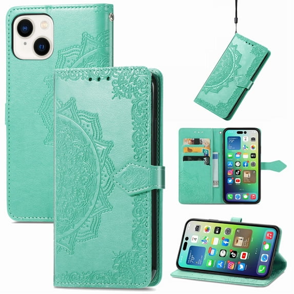Decase for Apple iPhone 13 Wallet Case, Shockproof PU Leather Emboss Floral Flower Wrist Strap Folio Magnetic Kickstand Card Slots Protective Cover, green