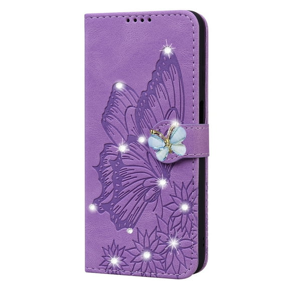 Decase for Apple iPhone 14 Plus Phone Cover, Glitter Bling Diamond Butterfly Magnetic Shockproof Case Folio Flip Embossing PU Leather Wallet Kickstand Case, Purple