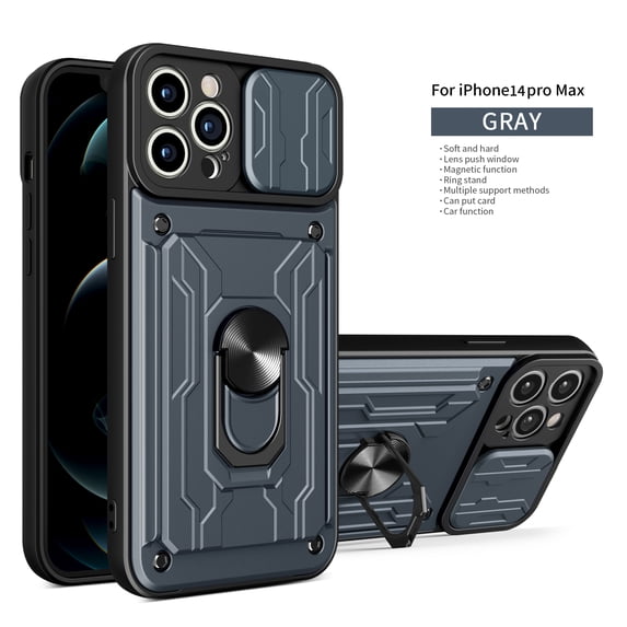 Decase for Apple iPhone 14 Pro Max Heavy Duty Rugged Case, Shockproof Cover With Slide Lens Protector+ Magnetic 360° Ring Kickstand Magnetic Car Mount Phone Case for Apple iPhone 14 Pro Max,Gray