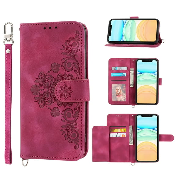 Decase for Apple iPhone 14 Shoulder Crossbody Wallet Case with Card Slots, Floral Embossed PU Leather Wallet Flip Protective Kickstand Wrist Strap Cover, winered
