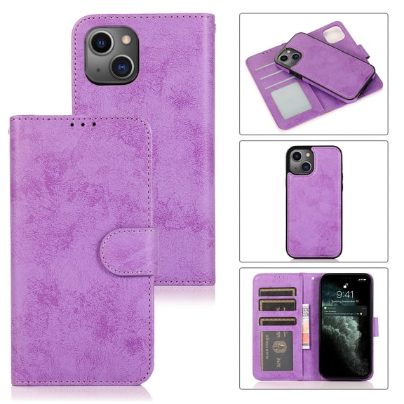 Decase for Apple iPhone 15 Leather Phone Shell,Magnetic Detachable Wallet Case Card Slots Stand,Premium Luxury Slim Shockproof Case Cover,for iPhone 15 - Purple