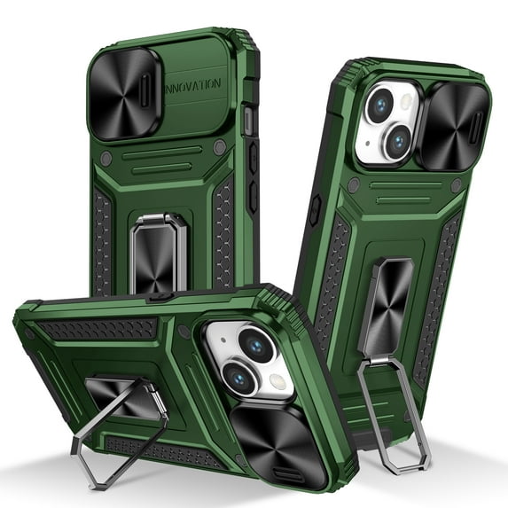 Decase for Apple iPhone 15 Plus (2023) Rugged Cover,With Slide Camera & Ring Kickstand Magnetic Car Mount ,Heavy Duty Dual Layer Hybrid Protective Phone Shell for iPhone 15 Plus,Darkgreen