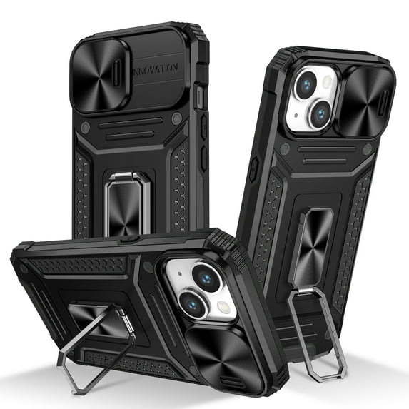 Decase for Apple iPhone 15 Plus (2023) Rugged Cover,With Slide Camera & Ring Kickstand Magnetic Car Mount ,Heavy Duty Dual Layer Hybrid Protective Phone Shell for iPhone 15 Plus,Black