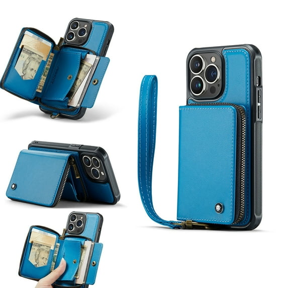 Decase for Apple iPhone 15 Pro Max 6.7 Inch (2023 Release),iPhone 15 Pro Max Wallet Case With Crossbody & Wrist Strap,Zipper Card Pocket Stand Rugged PU Leather Phone Cover - Blue