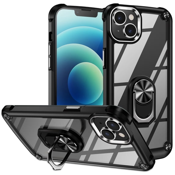 Decase for Apple iPhone 15 Pro Max New Phone Case with Rotatable Ring Stand,Heavy Duty 10FT Military Protection Clear Back Hard PC Soft TPU Bumper Phone Shell - Black