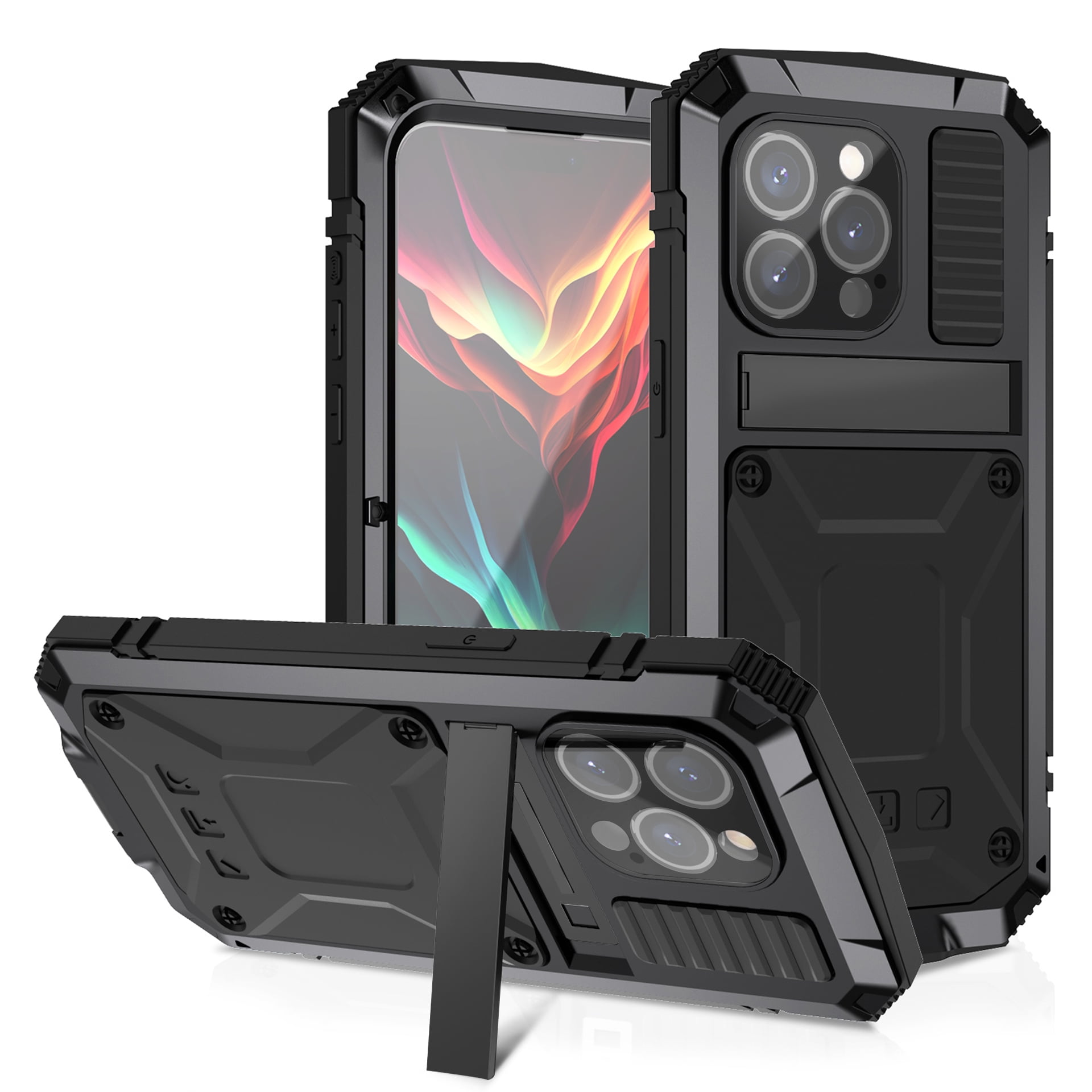 Decase for Apple iPhone 15 Pro Max Phone Shell,Heavy Duty Tri-Layer Hybrid Protective Cover for Outdoor Sports,With Front Screen Protector & Hidden Kickstand Mag Safe Magnetic Case - Black