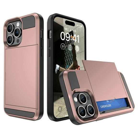 Decase for Apple iPhone 15 Rugged Cover,With Slide Card Slots Wallet Case Shockproof Dual Layer Hybrid Protective Phone Shell,for Apple iPhone 15 - Rosegold