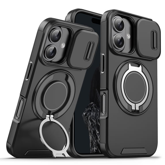 Decase for Apple iPhone 16 2024, Hard Plastic Shell Phone Case, Compatible with Mag Safe Accessories, with Phone Ring Grip Holder Kickstand/Slide Camera Cover,Rugged Shockproof Cover,Black