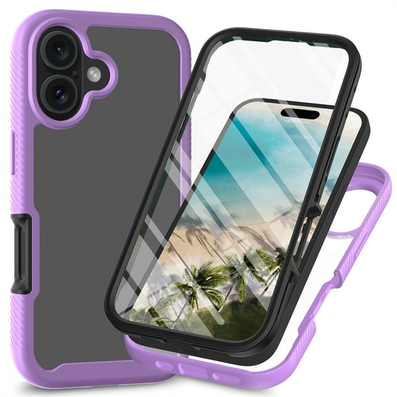 Decase for Apple iPhone 16 Clear Case,Heavy Duty Dual Layer Hybrid Rubber Bumper Rugged Transparent Phone Cover Built-in Front Screen Protector for iPhone 16 -Purple