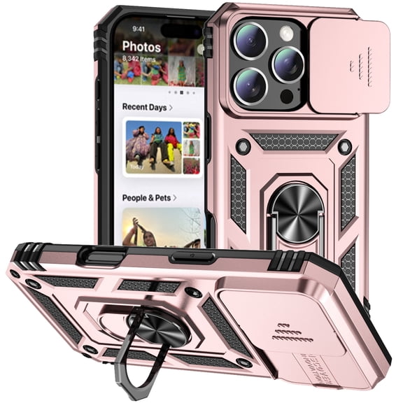 Decase for Apple iPhone 16 Pro Case, Military-Grade Ring Holder Kickstand Heavy Duty Hybrid Case with Slide Lens Cover,Shockproof Rugged Dual-Layer Hard Phone Case for iPhone 16 Pro,Rosegold