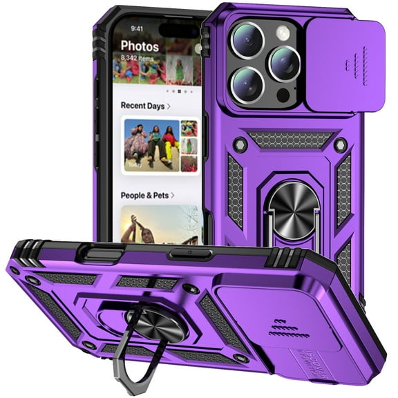 Decase for Apple iPhone 16 Pro Case, Military-Grade Ring Holder Kickstand Heavy Duty Hybrid Case with Slide Lens Cover,Shockproof Rugged Dual-Layer Hard Phone Case for iPhone 16 Pro,Purple