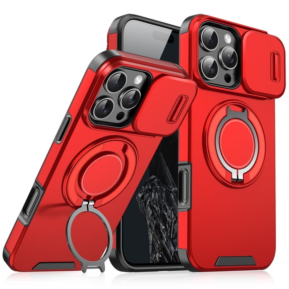 Decase for Apple iPhone 16 Pro Max 2024, Hard Plastic Shell Phone Case, Compatible with Mag Safe Accessories, with Phone Ring Grip Holder Kickstand/Slide Camera Cover,Rugged Shockproof Cover,Red