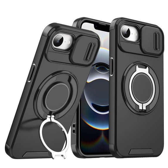 Decase for Apple iPhone 16e 2024, Hard Plastic Shell Phone Case, Compatible with Mag Safe Accessories, with Phone Ring Grip Holder Kickstand/Slide Camera Cover,Rugged Shockproof Cover,Black