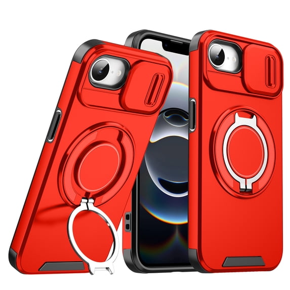 Decase for Apple iPhone 16e 2024, Hard Plastic Shell Phone Case, Compatible with Mag Safe Accessories, with Phone Ring Grip Holder Kickstand/Slide Camera Cover,Rugged Shockproof Cover,Red