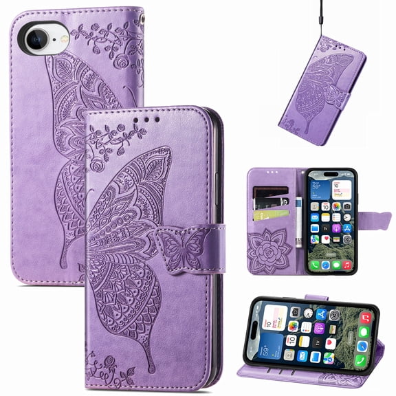 Decase for Apple iPhone 16e 2025 Fashion Wallet Case with Card Holder, Butterfly & Flower Embossed Folio PU Leather Flip Card Slots Kickstand Shockproof Case for Women and Men,Lightpurple