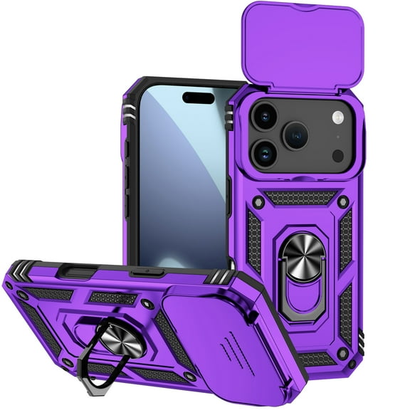 Decase for Apple iPhone 17 Pro Case, Military-Grade Ring Holder Kickstand Heavy Duty Hybrid Case with Slide Lens Cover,Shockproof Rugged Dual-Layer Hard Phone Case for iPhone 17 Pro,Purple