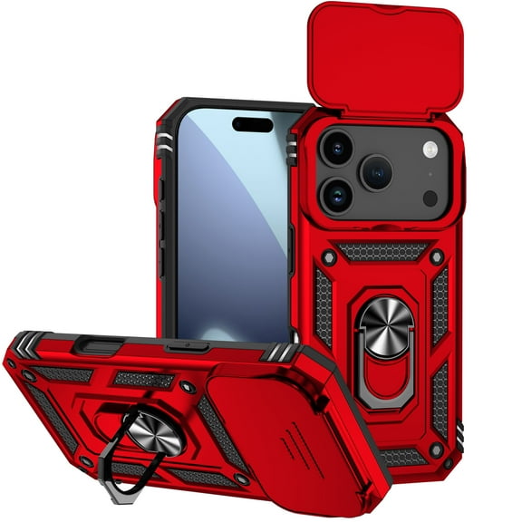 Decase for Apple iPhone 17 Pro Case, Military-Grade Ring Holder Kickstand Heavy Duty Hybrid Case with Slide Lens Cover,Shockproof Rugged Dual-Layer Hard Phone Case for iPhone 17 Pro,Red