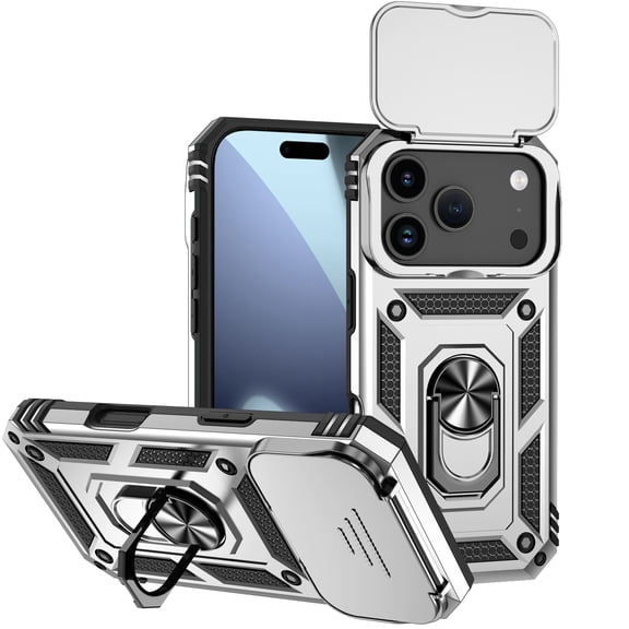 Decase for Apple iPhone 17 Pro Case, Military-Grade Ring Holder Kickstand Heavy Duty Hybrid Case with Slide Lens Cover,Shockproof Rugged Dual-Layer Hard Phone Case for iPhone 17 Pro,Silver