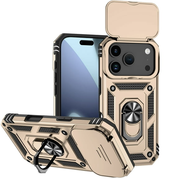 Decase for Apple iPhone 17 Pro Max Case, Military-Grade Ring Holder Kickstand Heavy Duty Hybrid Case with Slide Lens Cover,Shockproof Rugged Dual-Layer Hard Phone Case for iPhone 17 Pro Max,Gold
