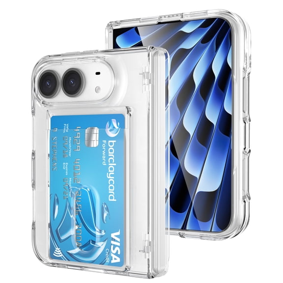 Decase for Apple iPhone Duo Case, Folding Wallet Cover with 2-Card Holder Slot, Automatic Rebound Hinge Shield and Front Glass Drop Armor Bumper, Clear