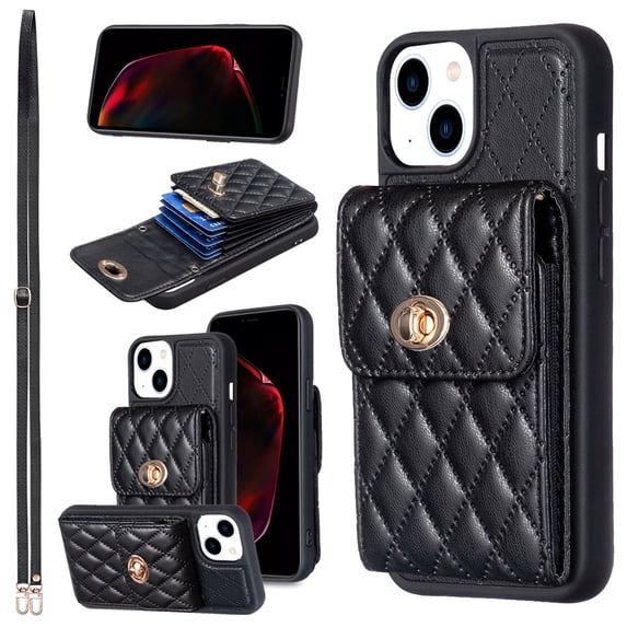 Decase Back Wallet Cover for iPhone 14,Crossbody Leather with Card Holder Purse Removable Shoulder Strap Kickstand Protective Cover,black