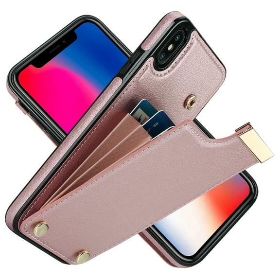 Decase Back Wallet Cover for iPhone XR,Shockproof Premium PU Leather Wallet Card Slot Money Pocket for Men Women Girls Flip Protective Case,Rosegold