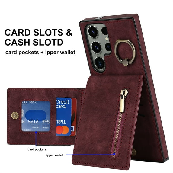 Decase Back Zipper Wallet Case for Samsung Galaxy A71 5G, with 360 Rotation Ring Kickstand RFID Blocking Credit Card Holder PU Leather Protective Cover for Women Men, winered