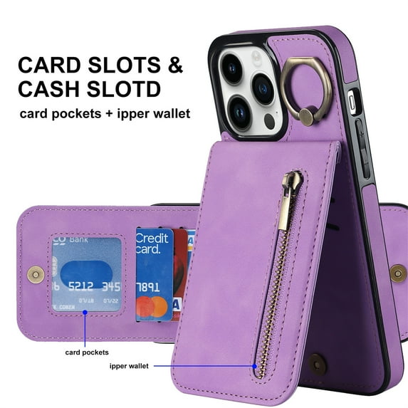 Decase Back Zipper Wallet Case for iPhone 14, with 360 Rotation Ring Kickstand RFID Blocking Credit Card Holder PU Leather Protective Cover for Women Men, purple