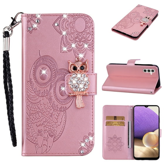 Decase Bling Wallet Phone Case Compatible with Samsung Galaxy A14 5G - Stylish 3D Owl Diamond Crystal Magnetic PU Leather Wrist Strap Stand Flip Women Girls Phone Cover for Galaxy A14 5G,Rosegold