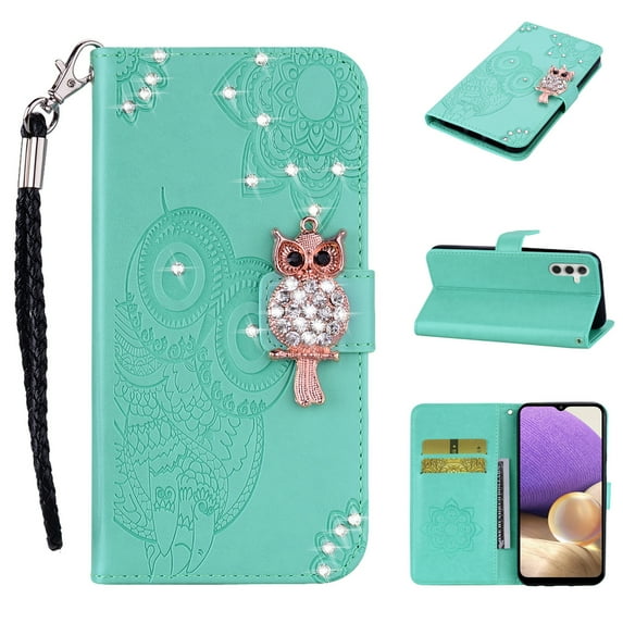 Decase Bling Wallet Phone Case Compatible with Samsung Galaxy A14 5G - Stylish 3D Owl Diamond Crystal Magnetic PU Leather Wrist Strap Stand Flip Women Girls Phone Cover for Galaxy A14 5G,Green