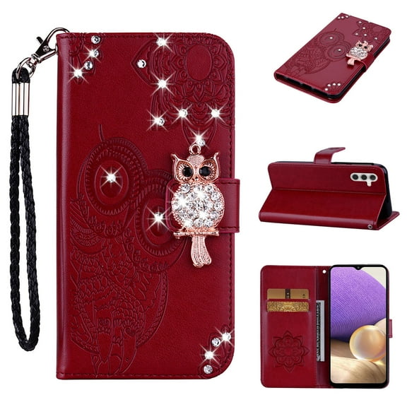 Decase Bling Wallet Phone Case Compatible with Samsung Galaxy A14 5G - Stylish 3D Owl Diamond Crystal Magnetic PU Leather Wrist Strap Stand Flip Women Girls Phone Cover for Galaxy A14 5G,Winered