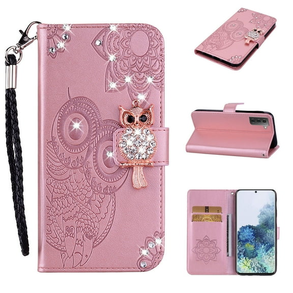 Decase Bling Wallet Phone Case Compatible with Samsung Galaxy S23 - Stylish 3D Owl Diamond Crystal Magnetic PU Leather Wrist Strap Stand Flip Women Girls Phone Cover for Galaxy S23,Rosegold
