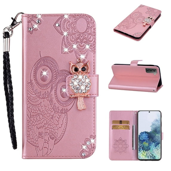 Decase Bling Wallet Phone Case Compatible with Samsung Galaxy S23 - Stylish 3D Owl Diamond Crystal Magnetic PU Leather Wrist Strap Stand Flip Women Girls Phone Cover for Galaxy S23,Rosegold